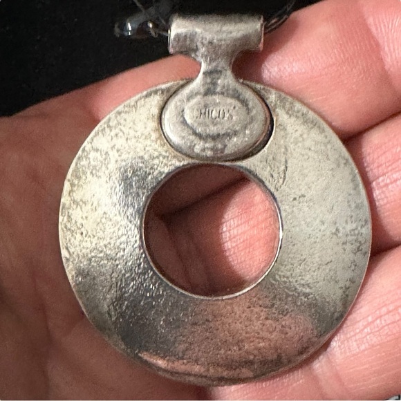 Signed Chicos 3 Strand Glass & 925 Bead Round Leather Inset Pendant Necklace 22” - Picture 5 of 16